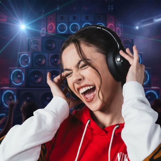 Woman wearing headphones at DJ set